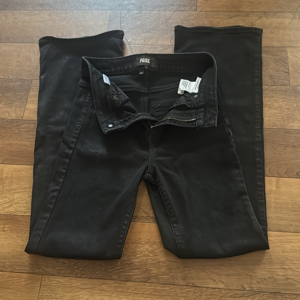 PAIGE High Rise Manhattan Bootcut flare Jeans Shimmer Black Size 25